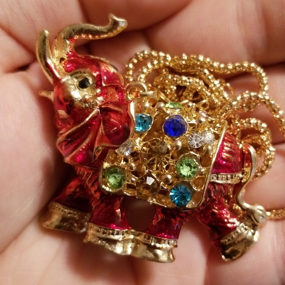 Red bling full body gem circus elephant necklace